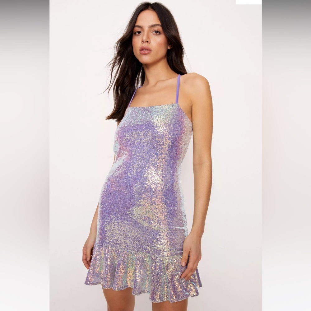 Nasty Gal Ruffle Hem Sequin Cami Mini Dress in Purple Size 2